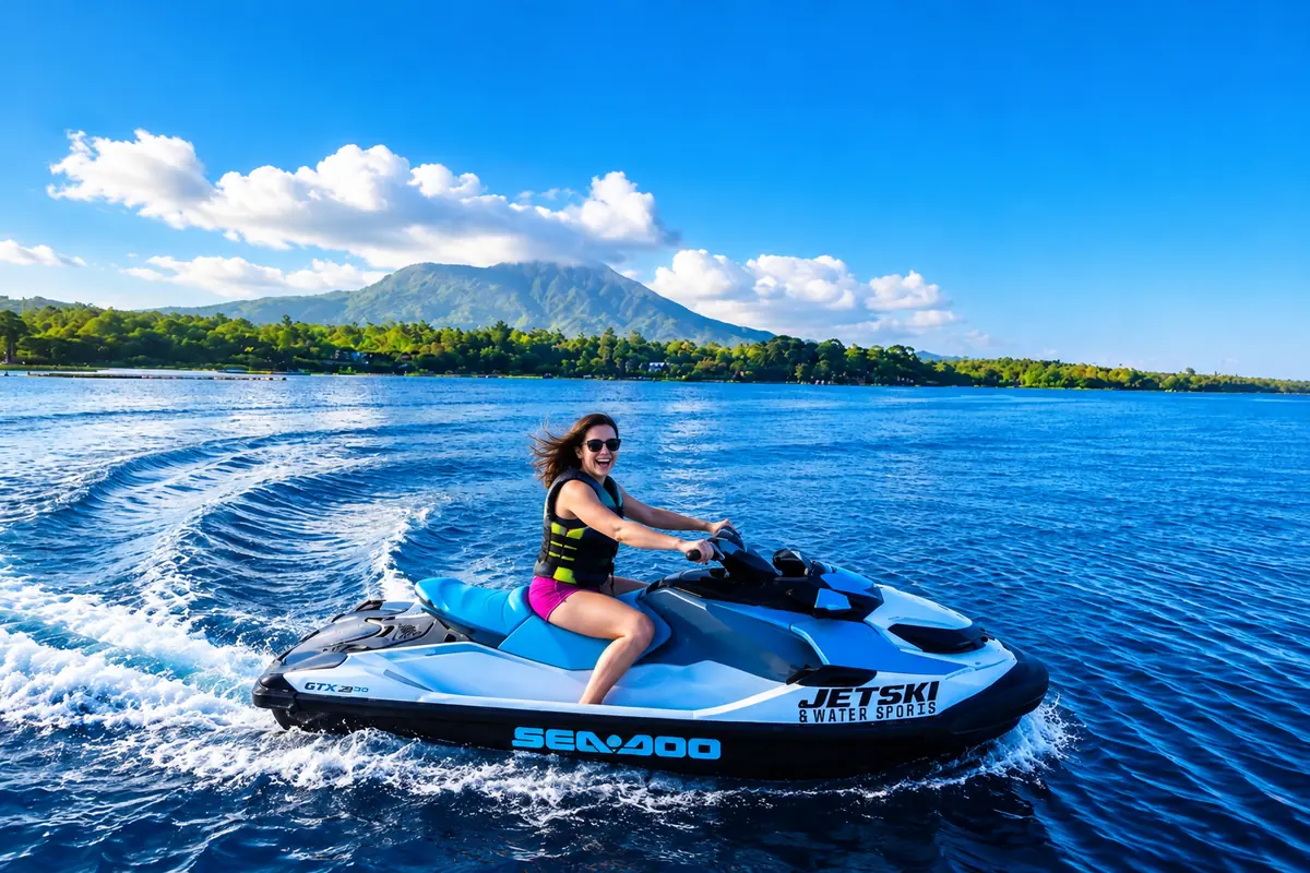 Woman wearing a life jacket on a Jet Ski on Lake Batur.