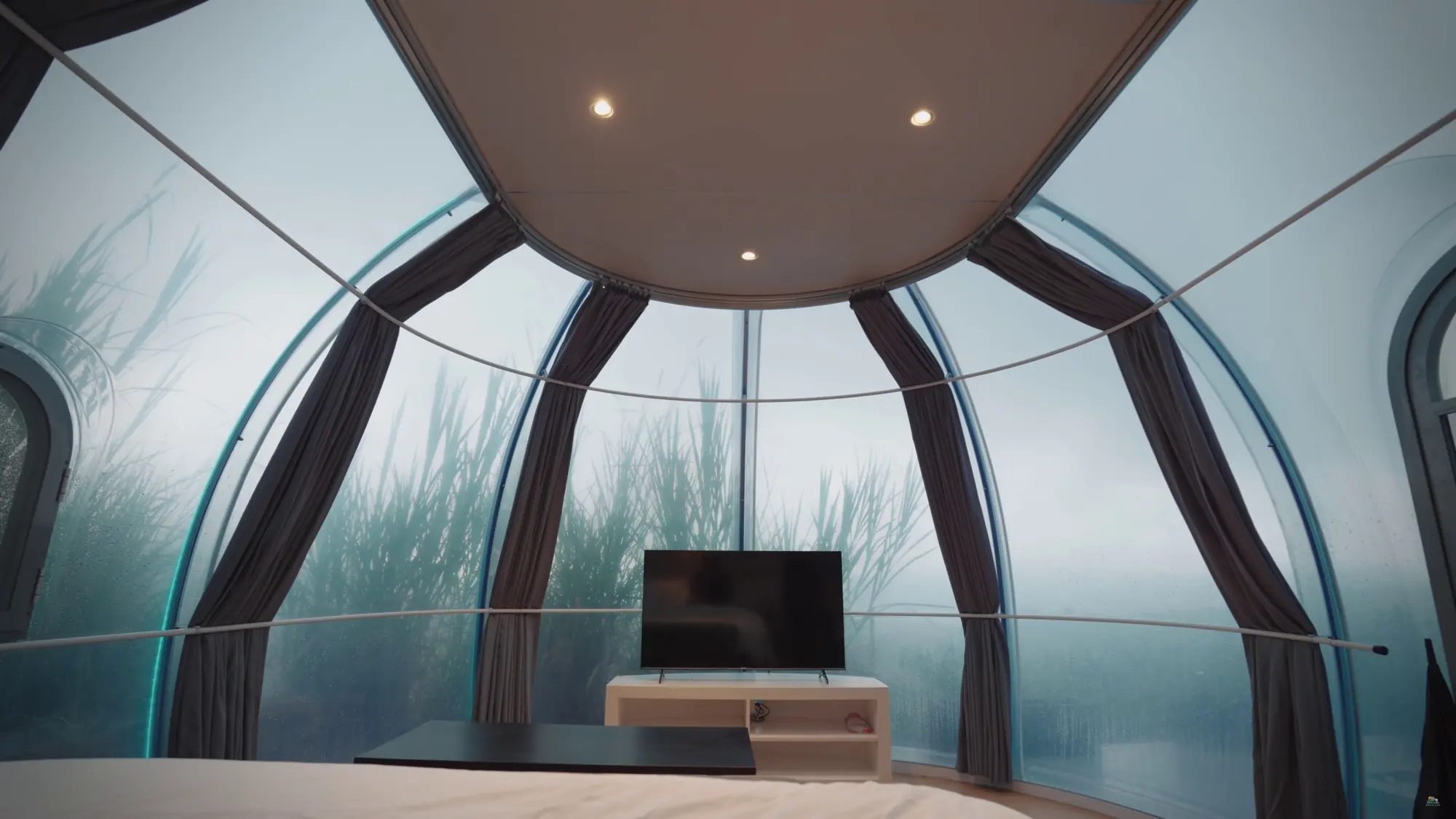 Calming Crystal Nest Suites interior with curved glass and soft highland light.