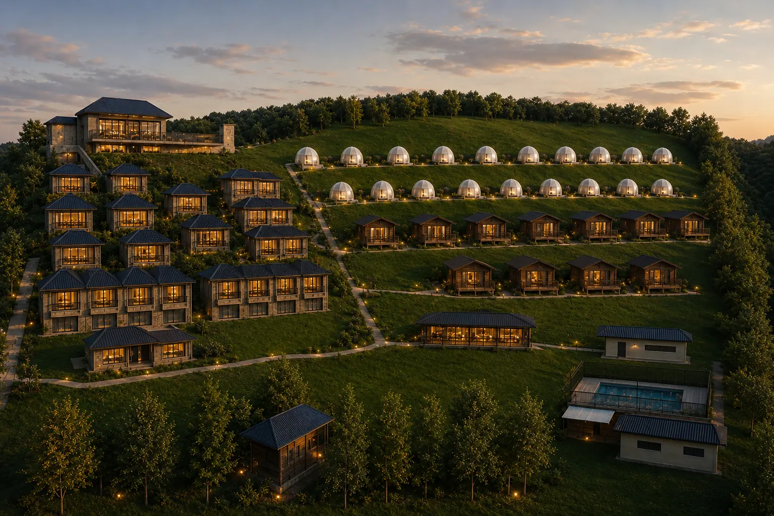 Arkaluna future resort vision across the Kintamani hillside with Crystal Nest domes and Uma Kayun wooden houses.